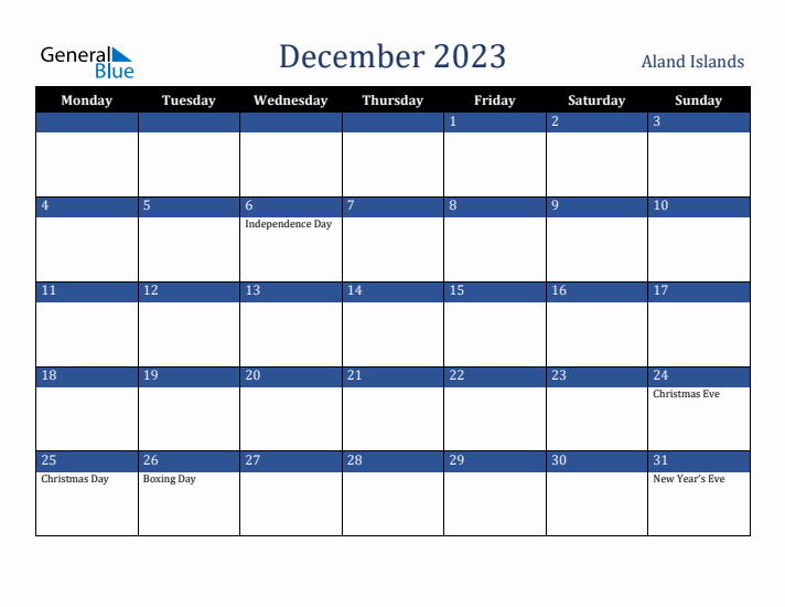 December 2023 Aland Islands Calendar (Monday Start)