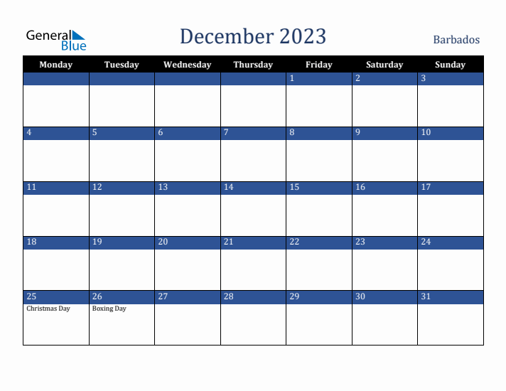 December 2023 Barbados Calendar (Monday Start)