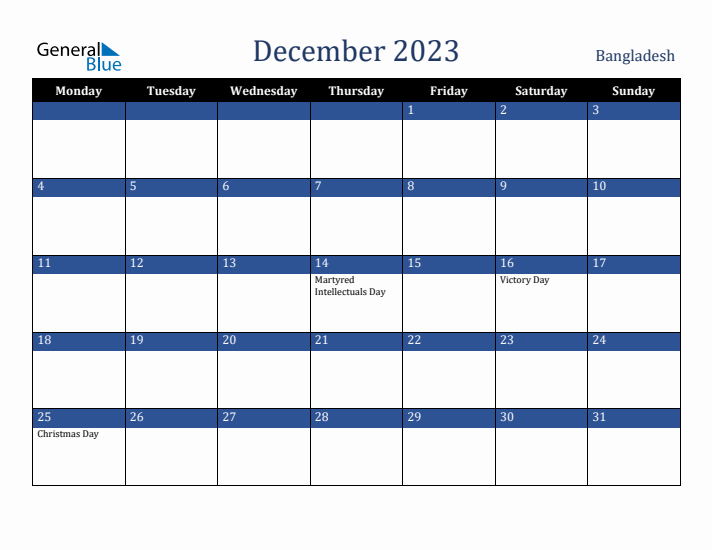 December 2023 Bangladesh Calendar (Monday Start)