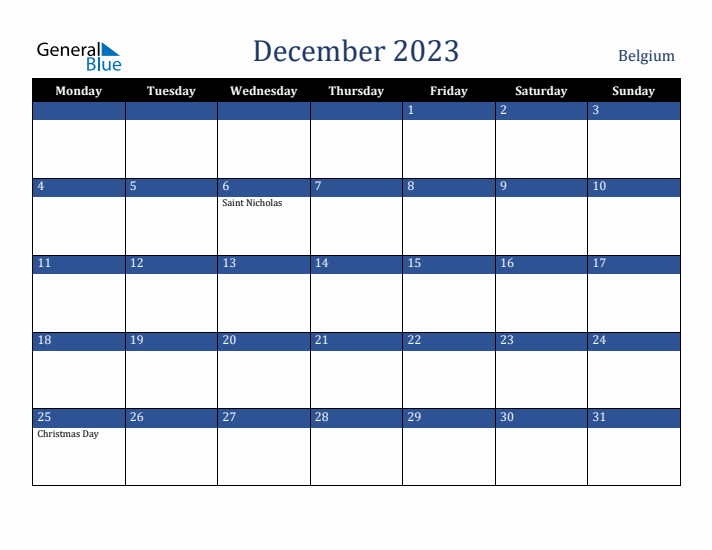 December 2023 Belgium Calendar (Monday Start)