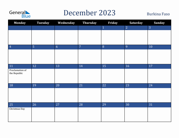 December 2023 Burkina Faso Calendar (Monday Start)