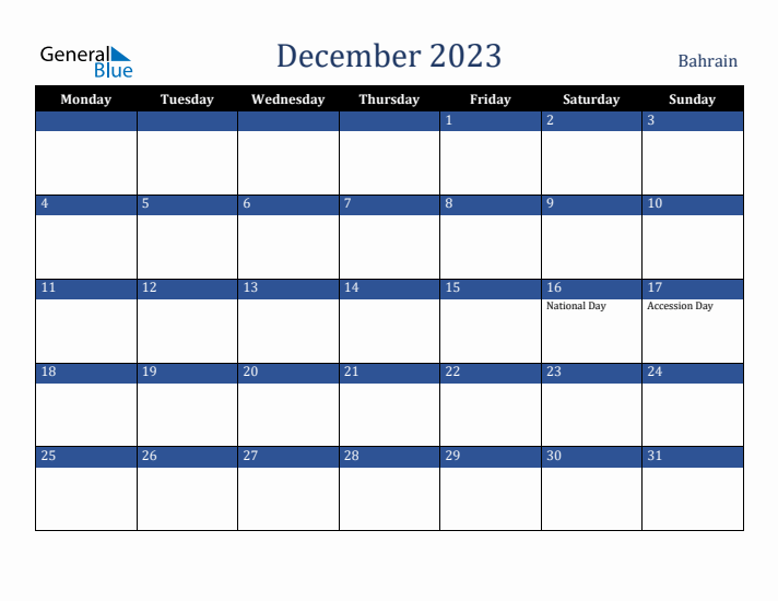 December 2023 Bahrain Calendar (Monday Start)
