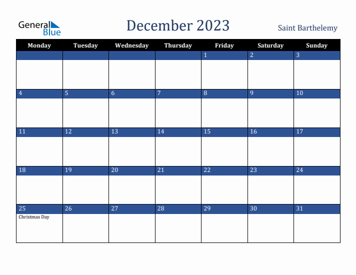 December 2023 Saint Barthelemy Calendar (Monday Start)