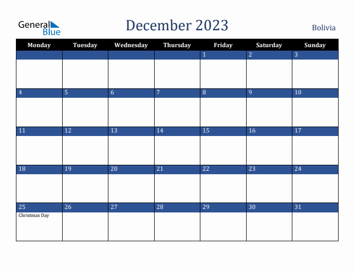December 2023 Bolivia Calendar (Monday Start)