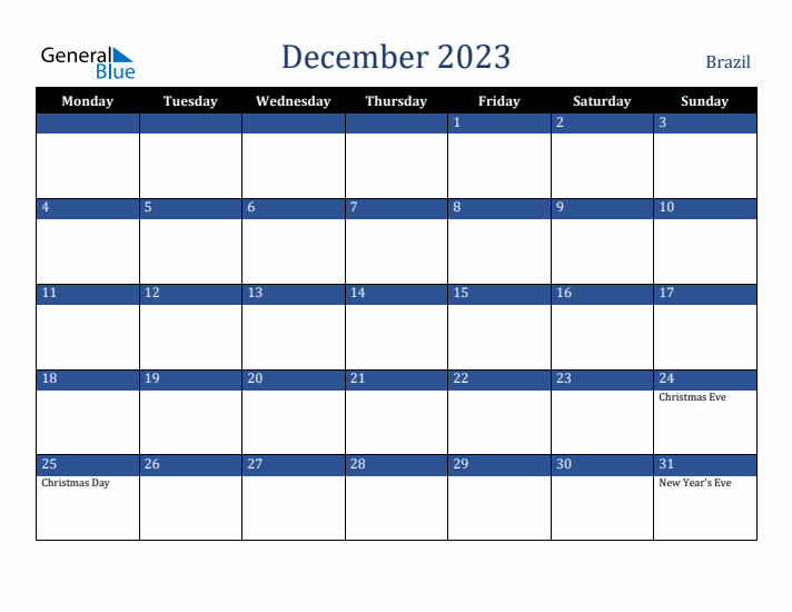 December 2023 Brazil Calendar (Monday Start)