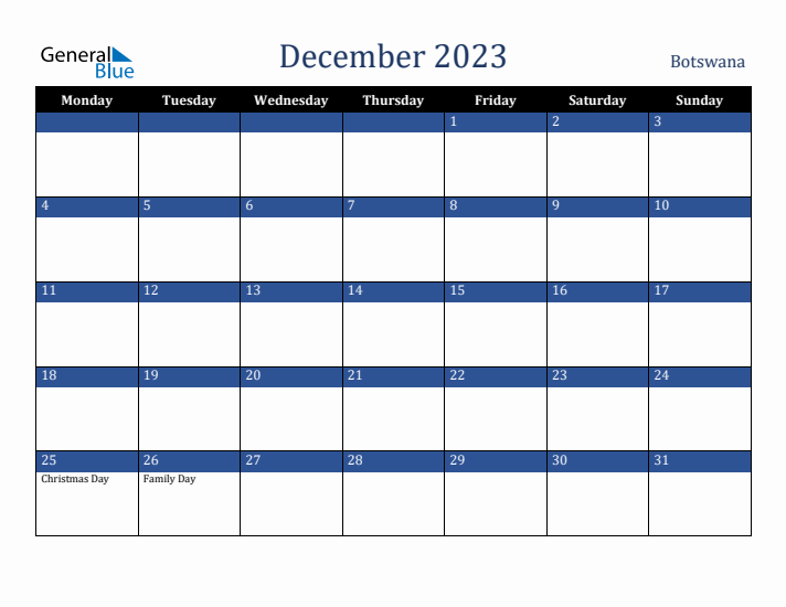 December 2023 Botswana Calendar (Monday Start)