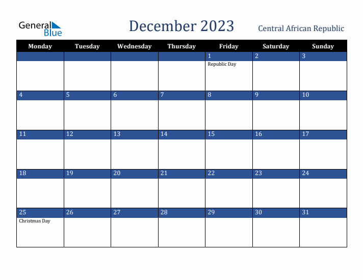 December 2023 Central African Republic Calendar (Monday Start)