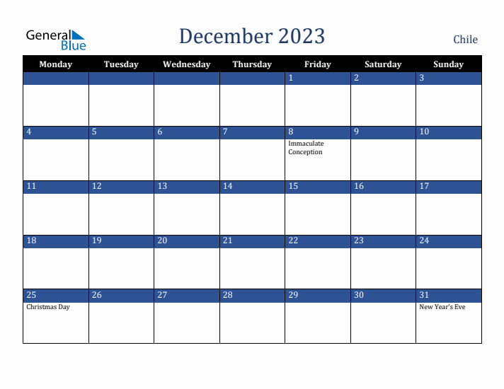 December 2023 Chile Calendar (Monday Start)