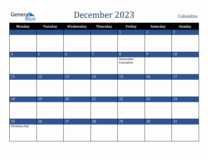 December 2023 Colombia Calendar (Monday Start)