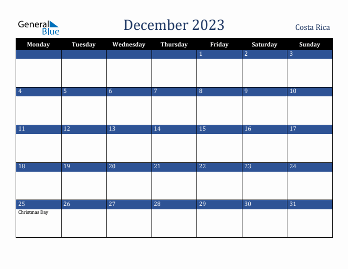 December 2023 Costa Rica Calendar (Monday Start)