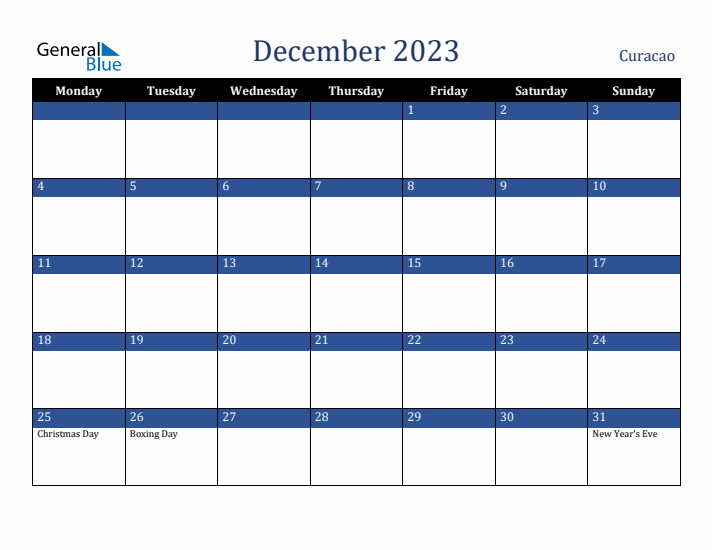 December 2023 Curacao Calendar (Monday Start)