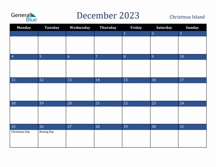 December 2023 Christmas Island Calendar (Monday Start)