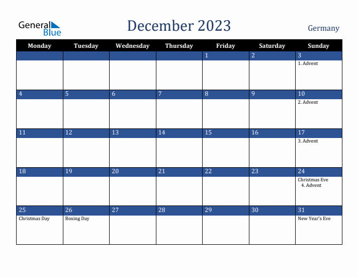 December 2023 Germany Calendar (Monday Start)