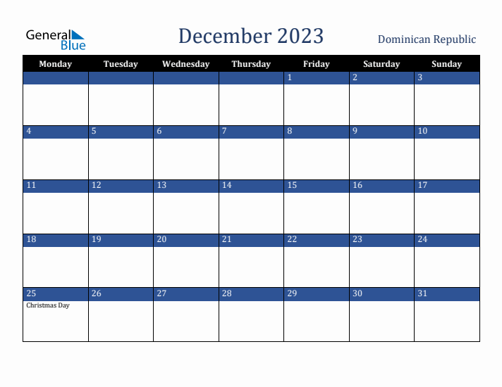 December 2023 Dominican Republic Calendar (Monday Start)