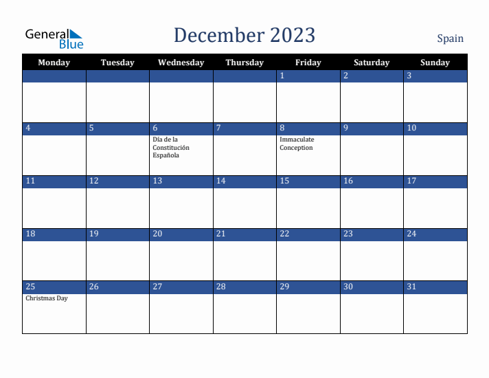 December 2023 Spain Monthly Calendar with Holidays