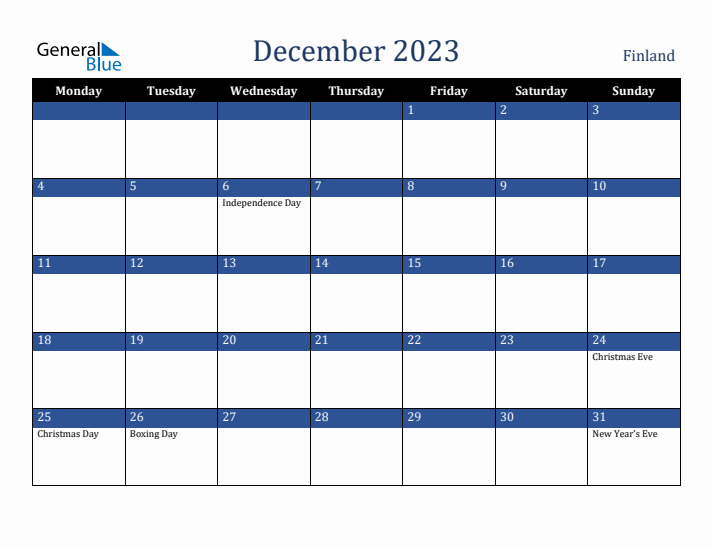 December 2023 Finland Calendar (Monday Start)