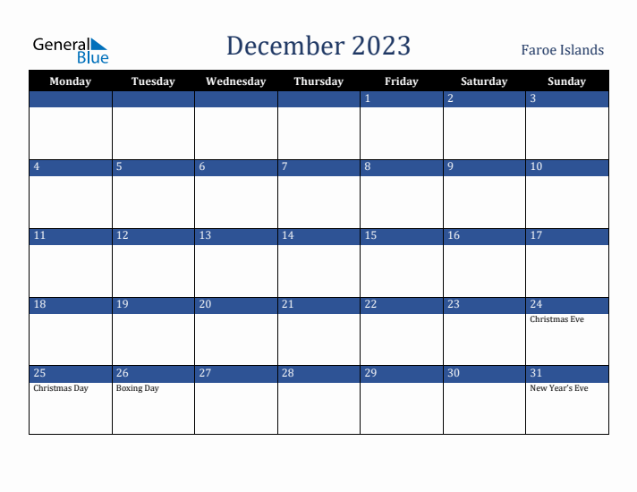 December 2023 Faroe Islands Calendar (Monday Start)