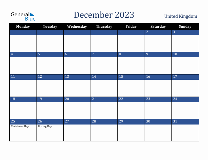 December 2023 United Kingdom Calendar (Monday Start)