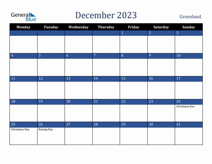 December 2023 Greenland Calendar (Monday Start)