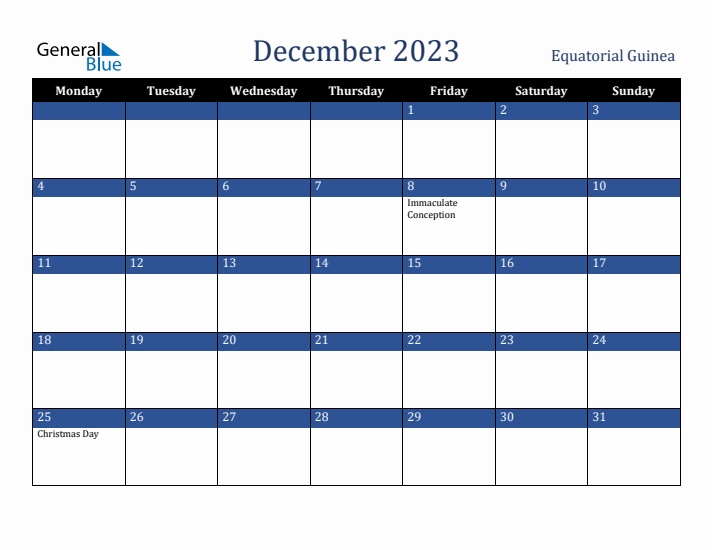 December 2023 Equatorial Guinea Calendar (Monday Start)