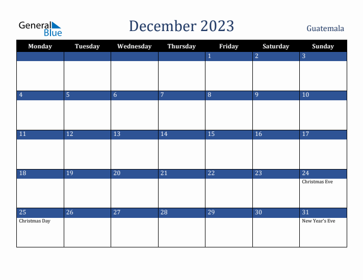 December 2023 Guatemala Calendar (Monday Start)