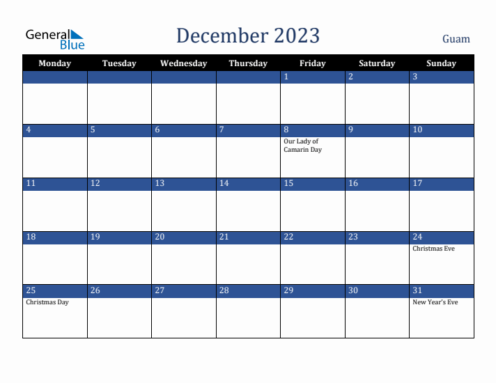 December 2023 Guam Calendar (Monday Start)