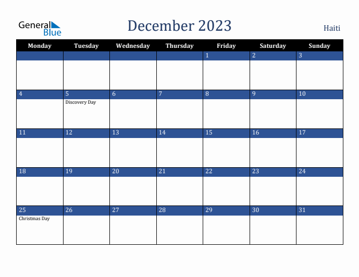 December 2023 Haiti Calendar (Monday Start)