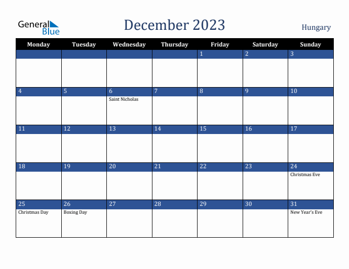 December 2023 Hungary Calendar (Monday Start)