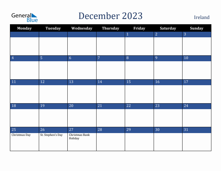 December 2023 Ireland Calendar (Monday Start)