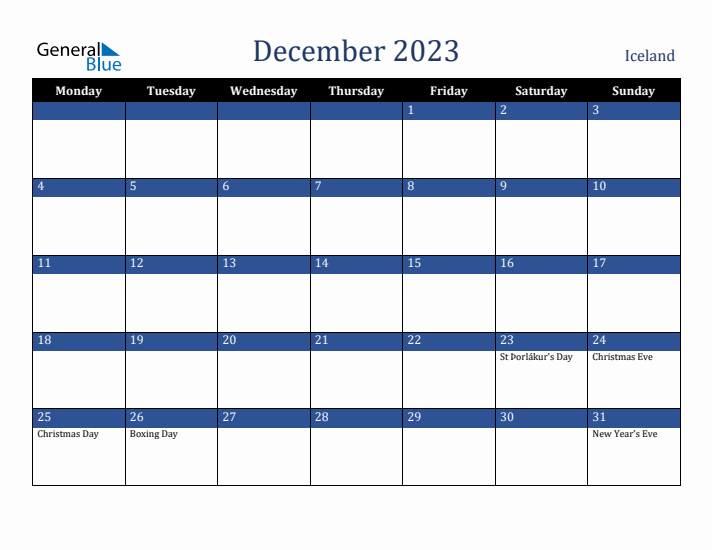 December 2023 Iceland Calendar (Monday Start)