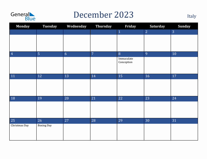 December 2023 Italy Calendar (Monday Start)