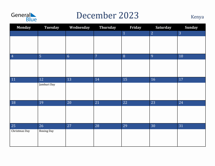 December 2023 Kenya Calendar (Monday Start)