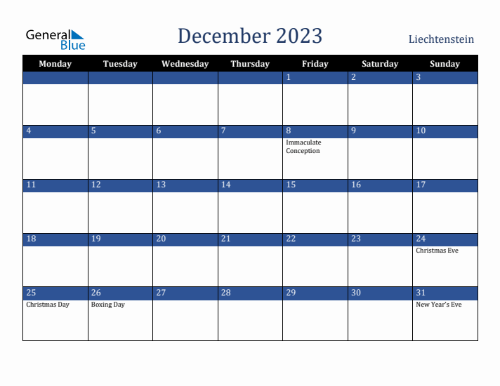 December 2023 Liechtenstein Calendar (Monday Start)