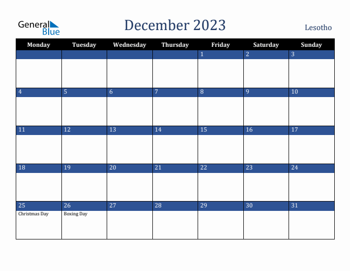December 2023 Lesotho Calendar (Monday Start)