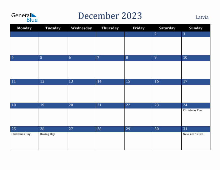 December 2023 Latvia Calendar (Monday Start)