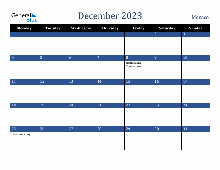December 2023 Monaco Calendar (Monday Start)