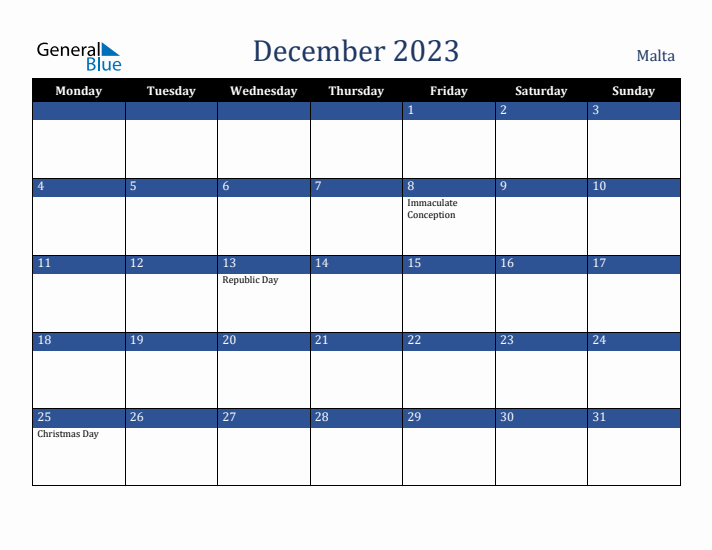 December 2023 Malta Calendar (Monday Start)