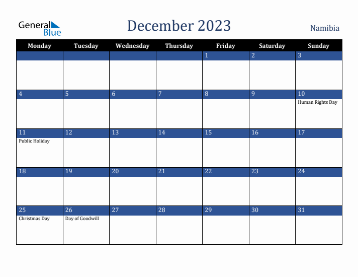 December 2023 Namibia Calendar (Monday Start)