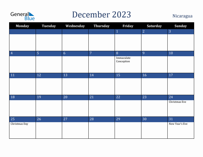 December 2023 Nicaragua Calendar (Monday Start)