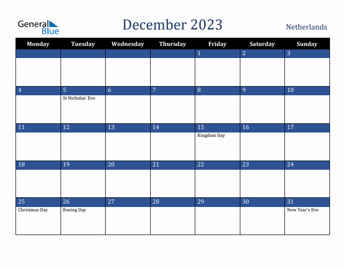 December 2023 The Netherlands Calendar (Monday Start)