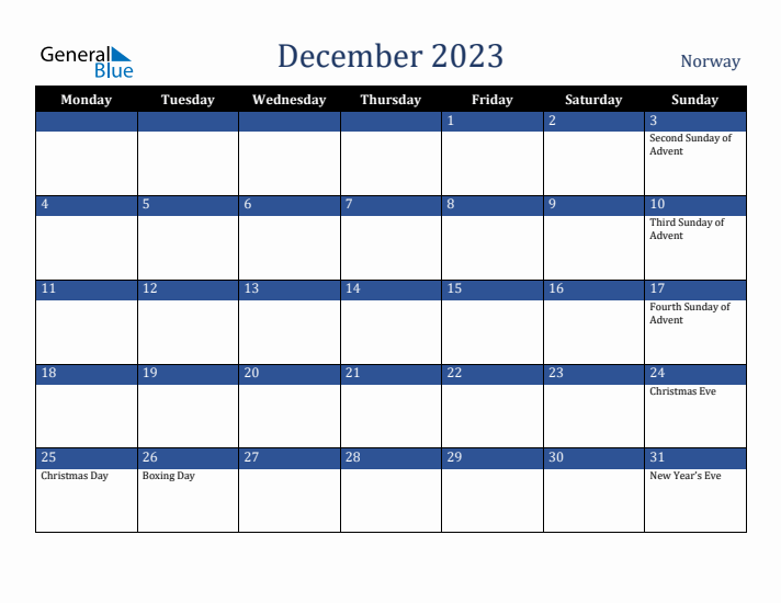 December 2023 Norway Calendar (Monday Start)