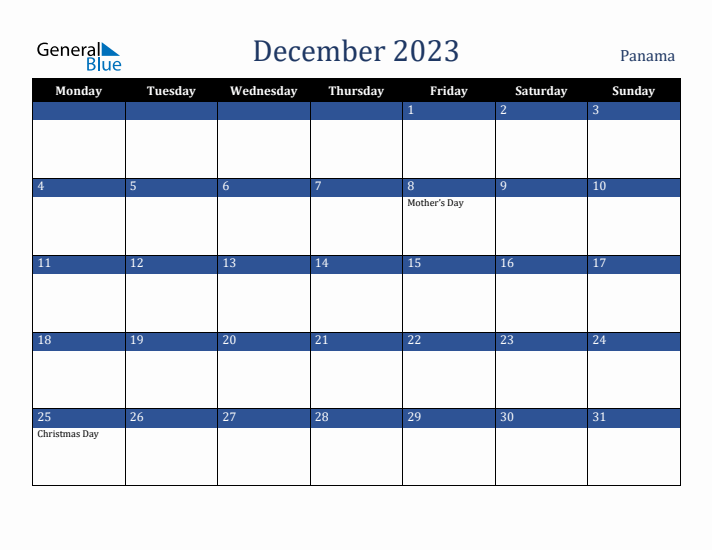 December 2023 Panama Calendar (Monday Start)