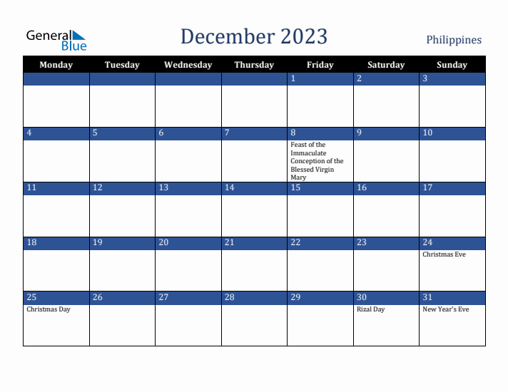 December 2023 Philippines Calendar (Monday Start)