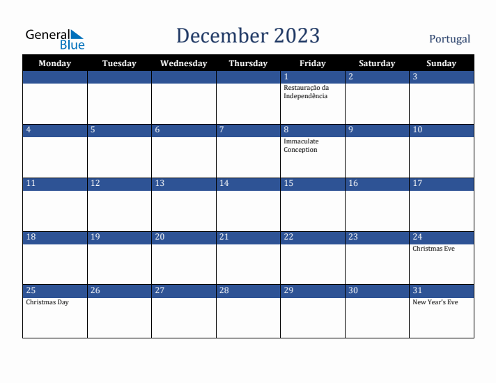 December 2023 Portugal Calendar (Monday Start)