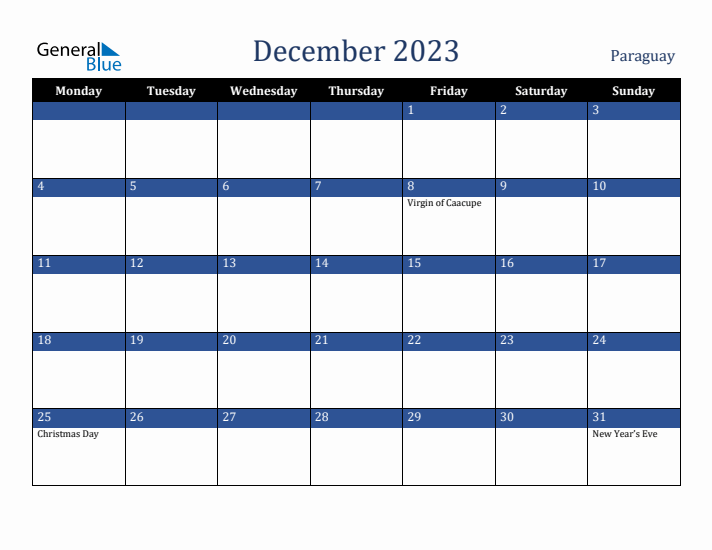 December 2023 Paraguay Calendar (Monday Start)