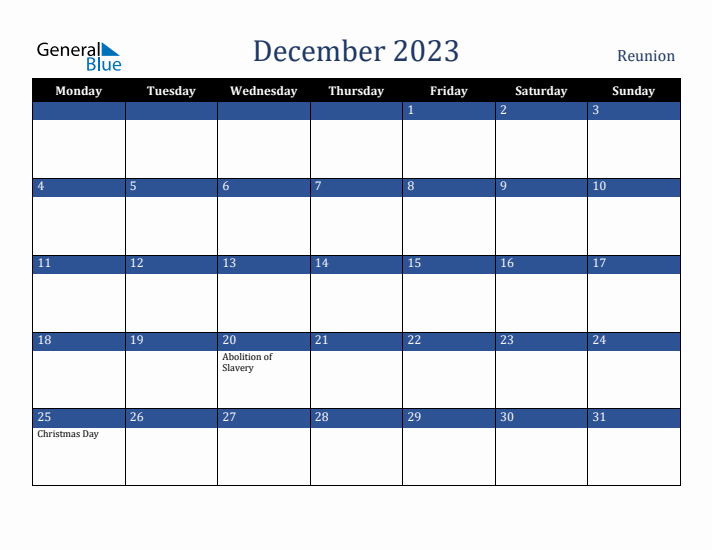 December 2023 Reunion Calendar (Monday Start)