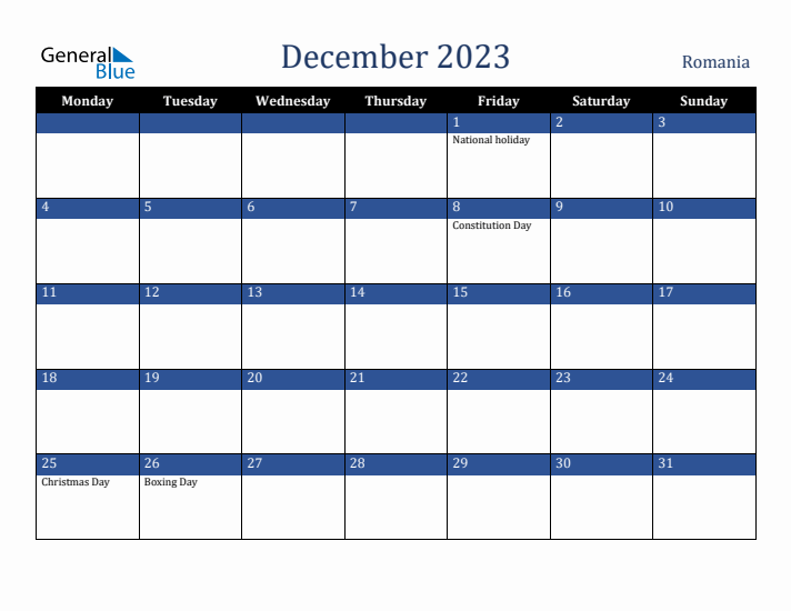 December 2023 Romania Calendar (Monday Start)