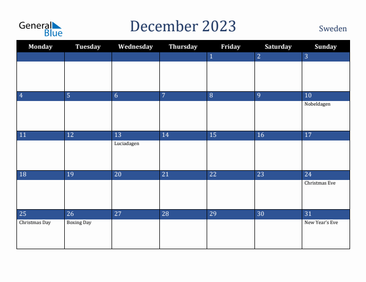 December 2023 Sweden Calendar (Monday Start)