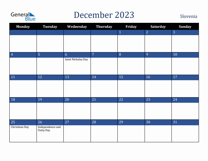 December 2023 Slovenia Calendar (Monday Start)