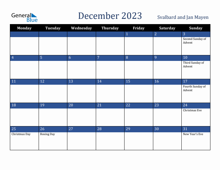 December 2023 Svalbard and Jan Mayen Calendar (Monday Start)